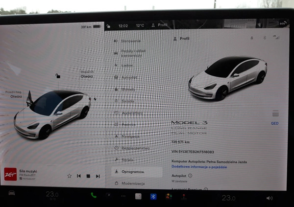 Tesla Model 3 cena 126800 przebieg: 139000, rok produkcji 2019 z Rzgów małe 11